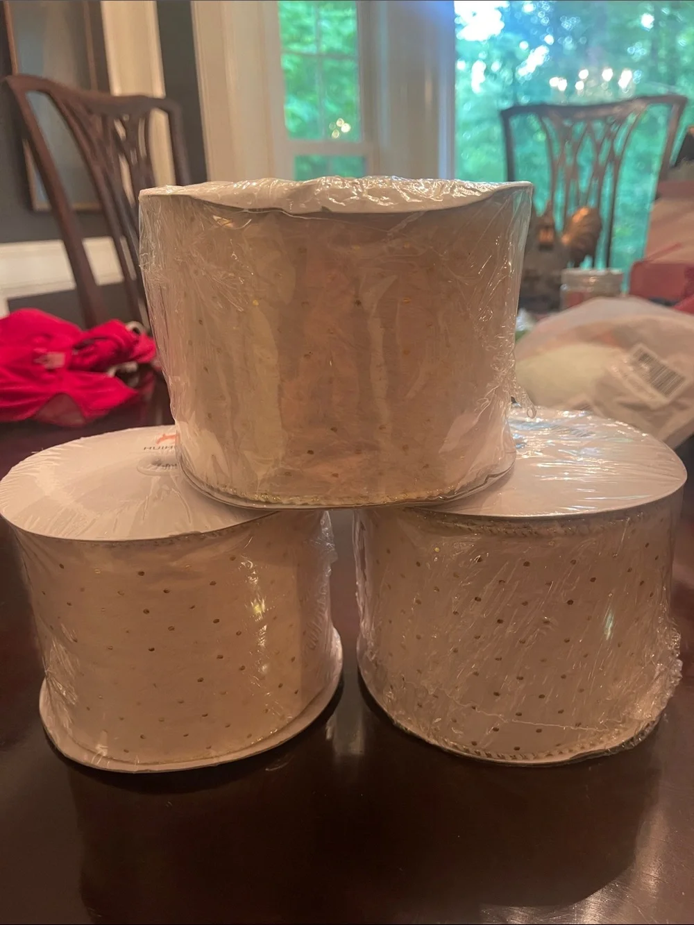 Ivory Christmas Ribbon 4 inch Faux Fur Wired Ribbon Gold Polka Dot nwt 3 rolls